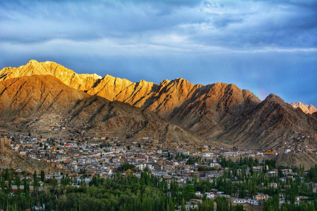 Leh town and Himalayan mountains viewed from Shanti Stupa
